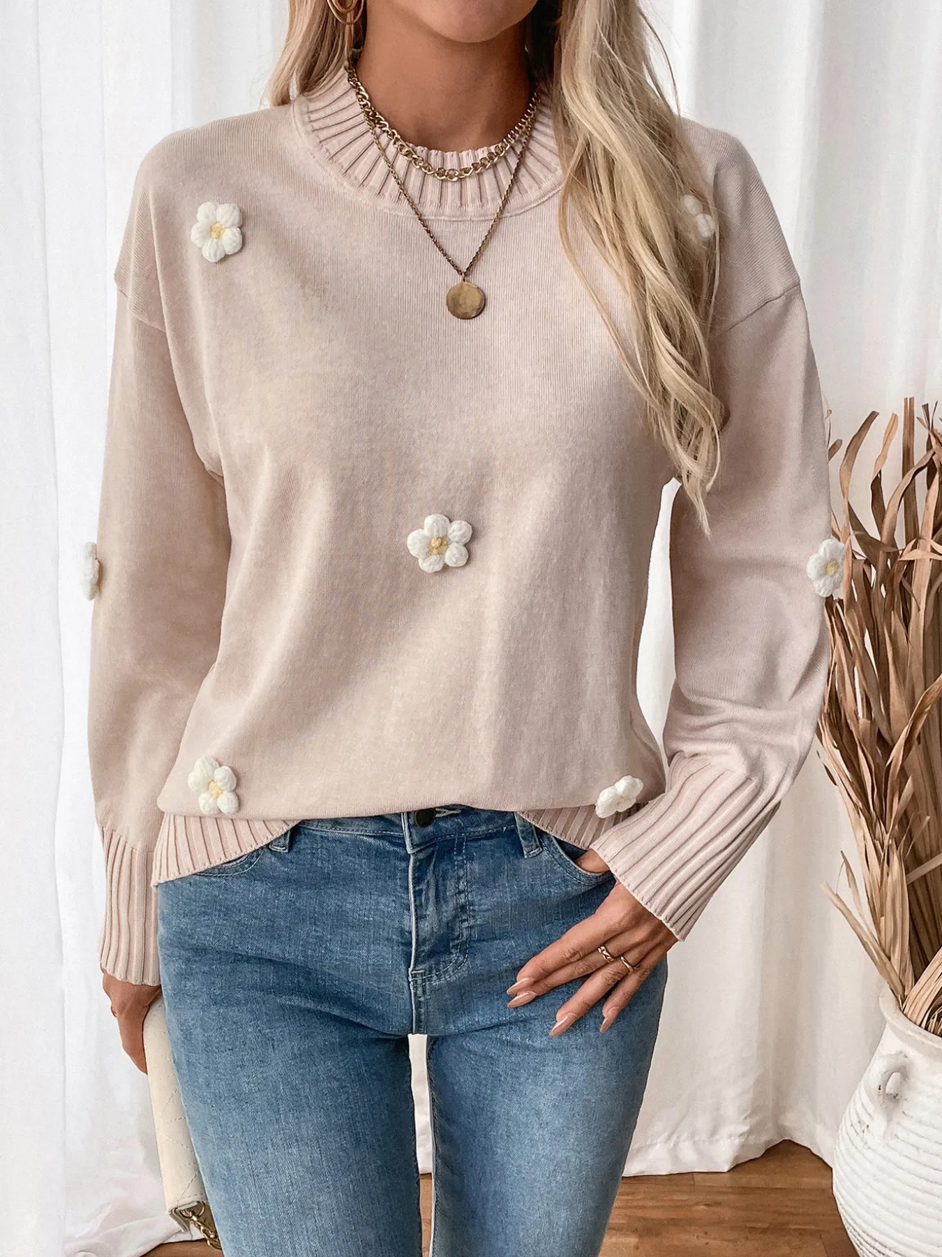 Floral Knitted Pullover Crewneck Sweater