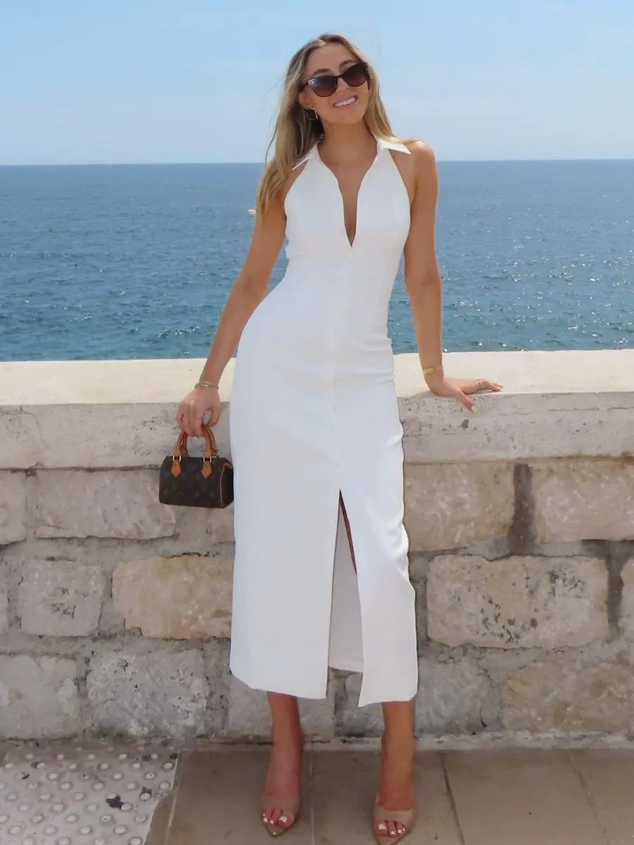 Sleeveless Collared Slit Maxi Dress