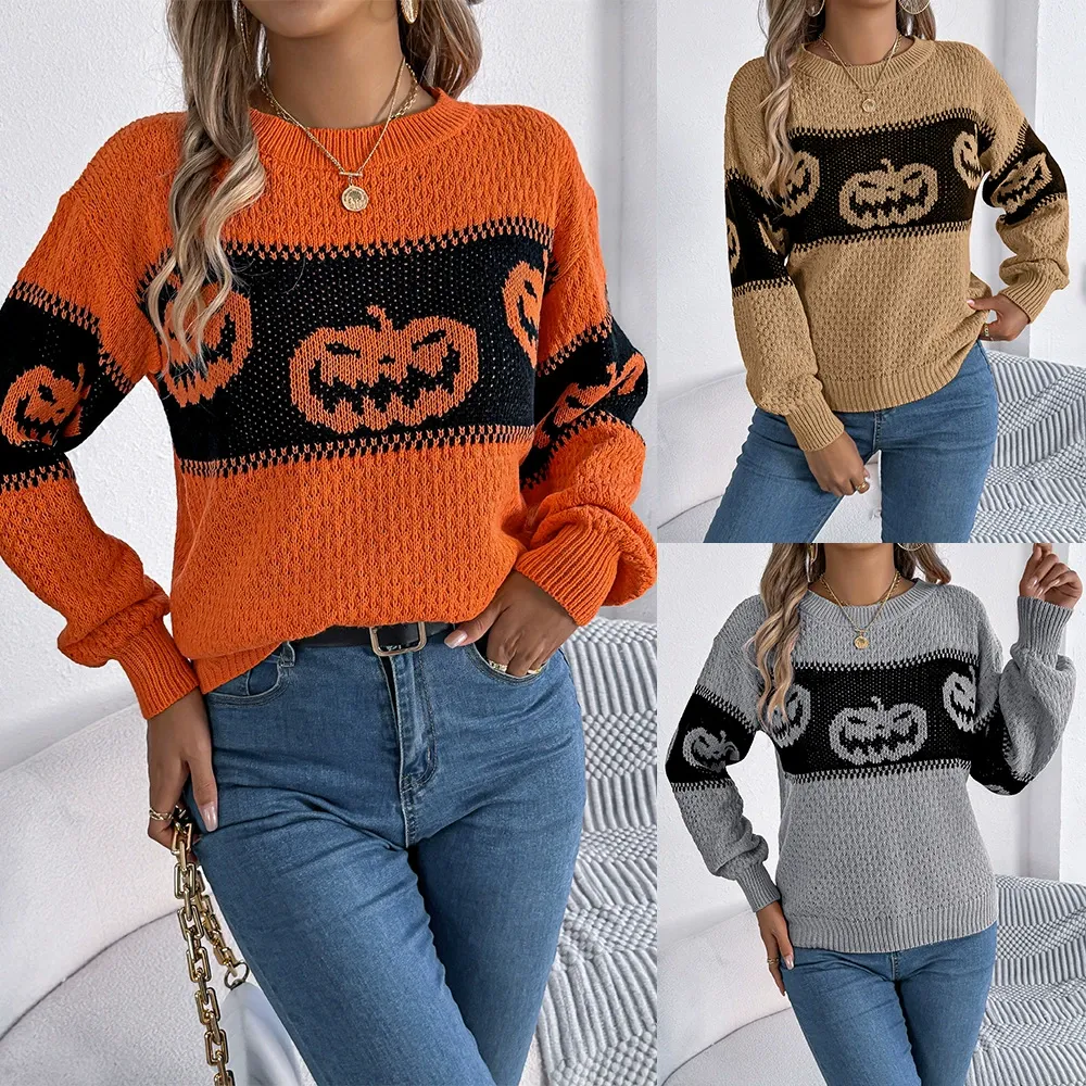 Halloween Pumpkin Color Block Long Sleeve Pullover Sweater
