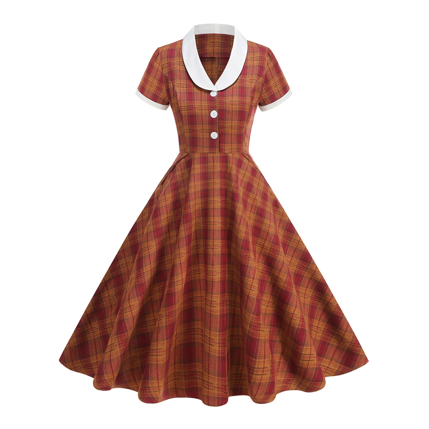 Vintage Hepburn Style Contrast Collar Midi Swing Dress