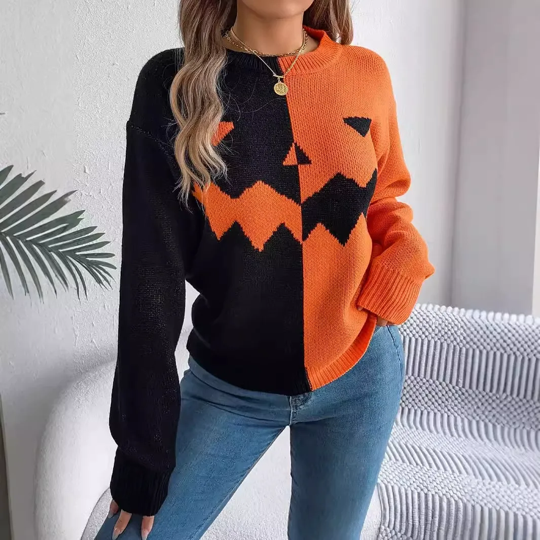 Halloween Ghost & Pumpkin Color Block Long Sleeve Sweater