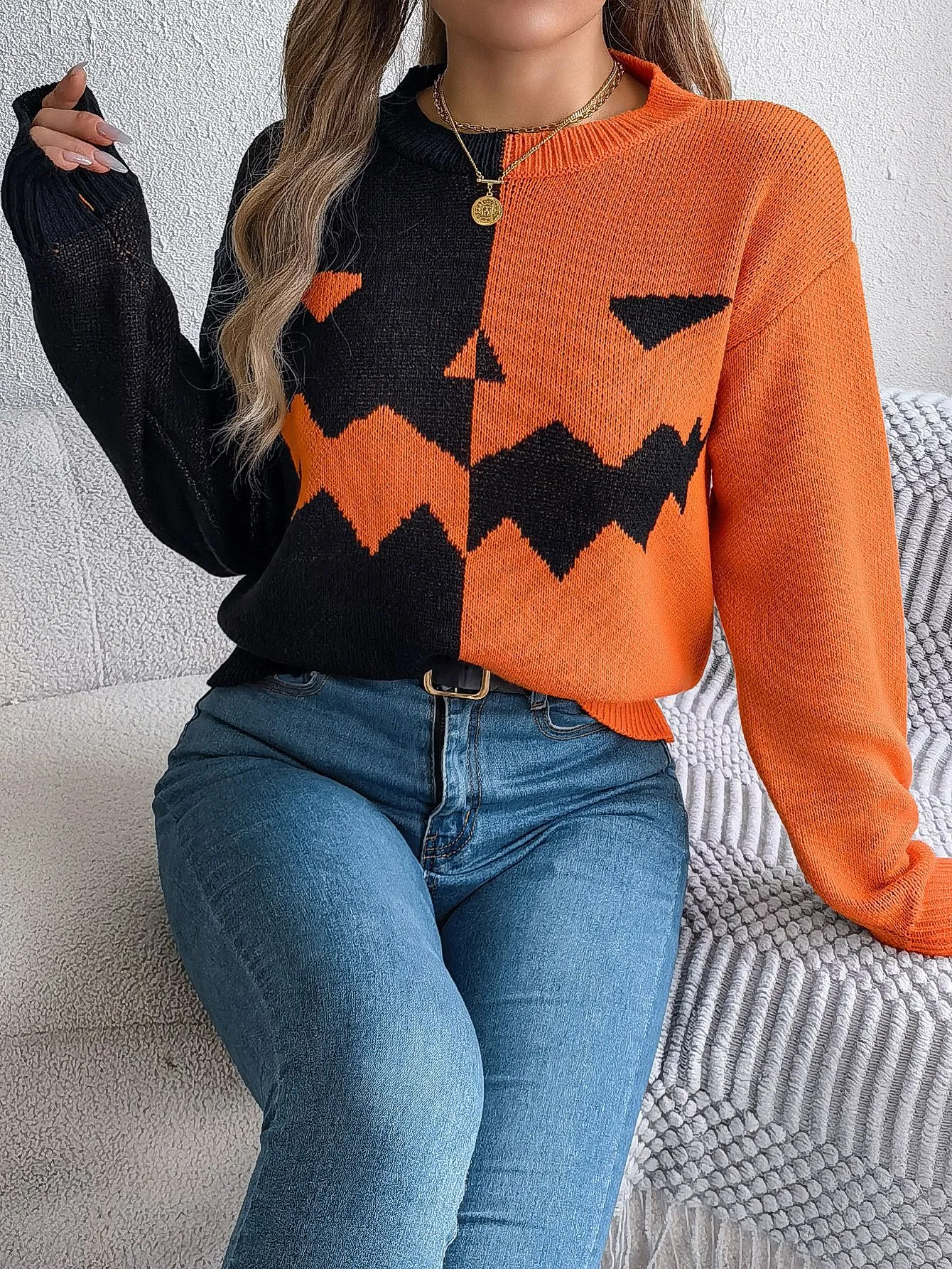 Halloween Ghost & Pumpkin Color Block Long Sleeve Sweater