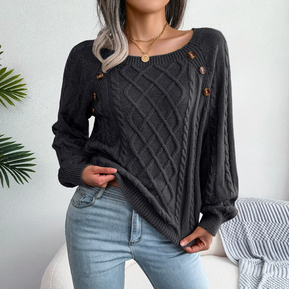 Casual Square Neck Cable Knit Pullover Sweater