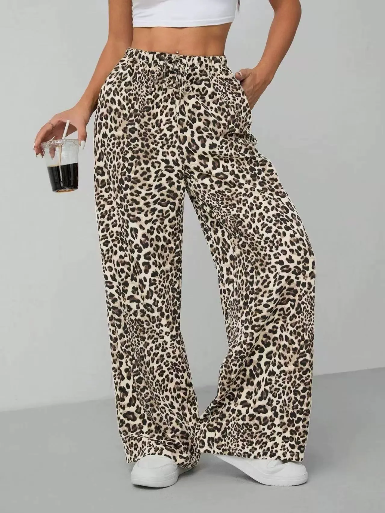 Trendy Leopard Print Wide-Leg Pants