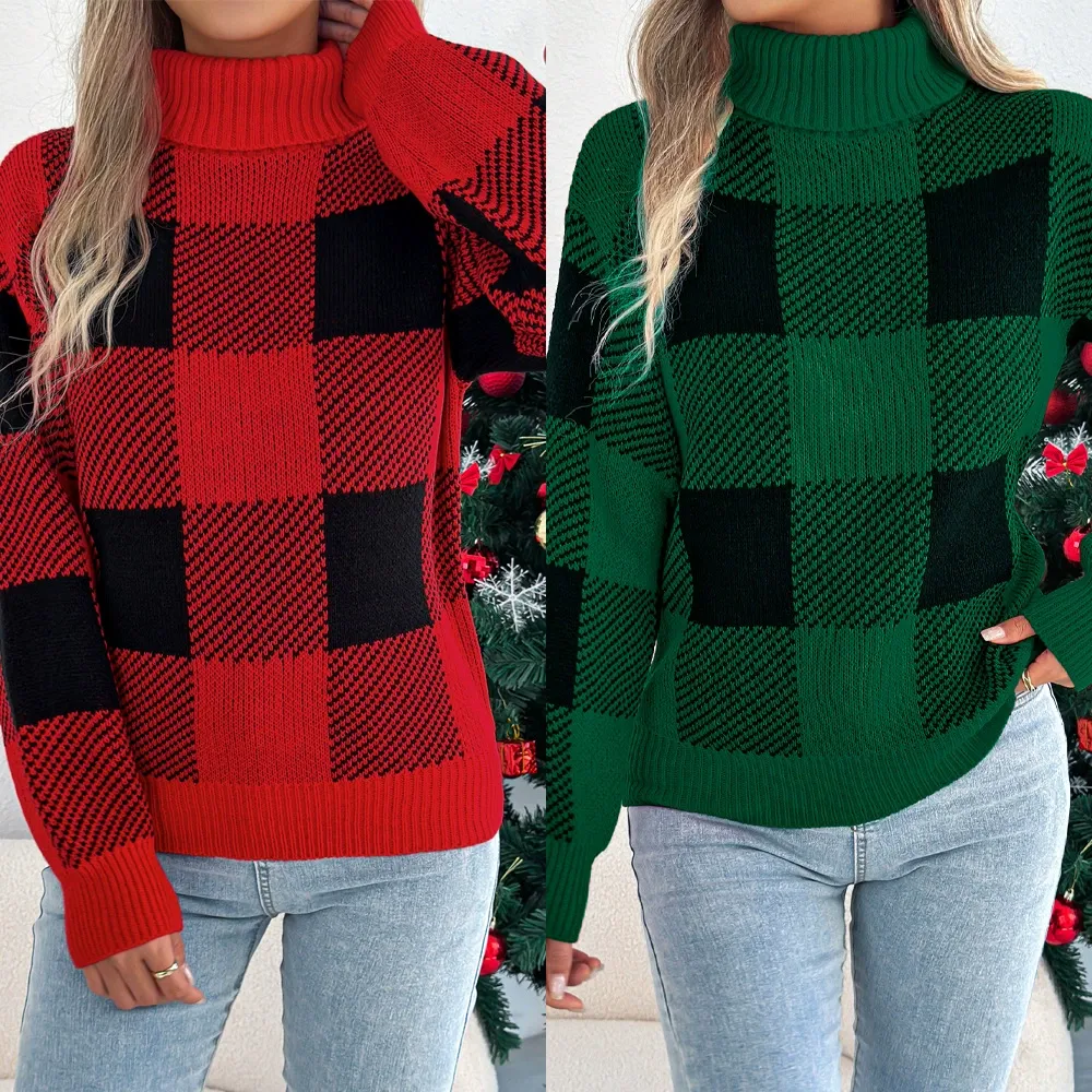 Plaid Lantern Sleeve Turtleneck Sweater