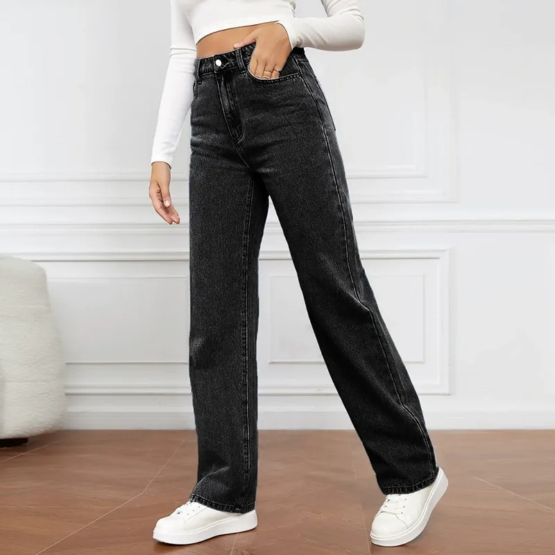 High Waisted Washed Straight Leg Jeans