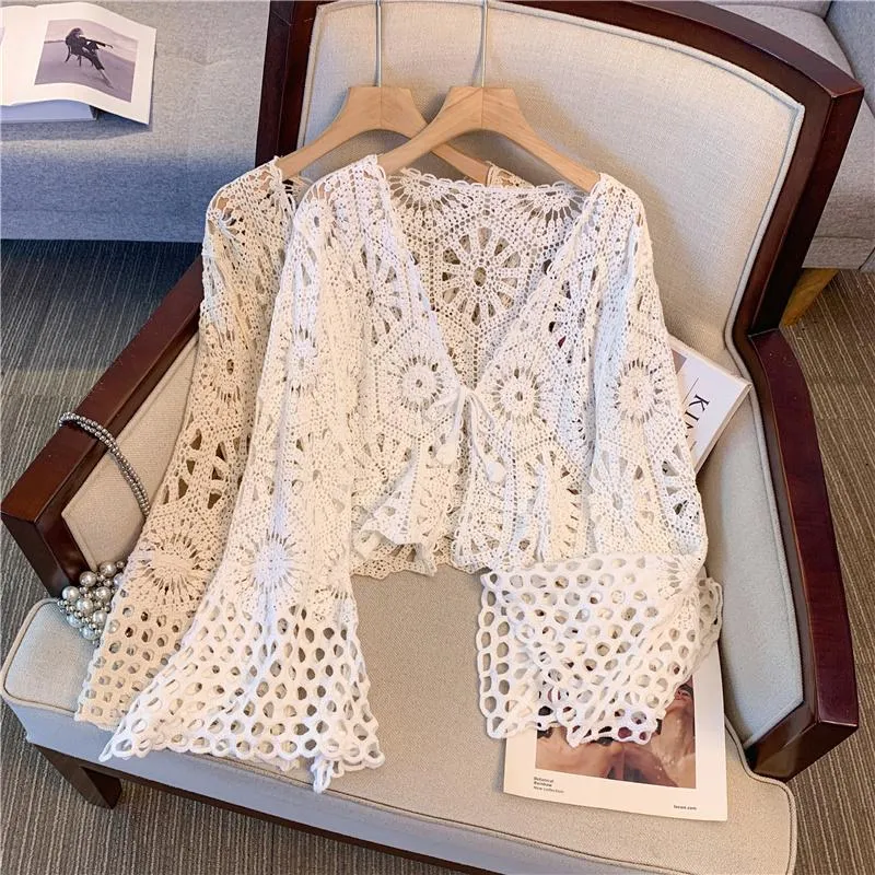 Boho Tie-Front Long Sleeve Crochet Cardigan