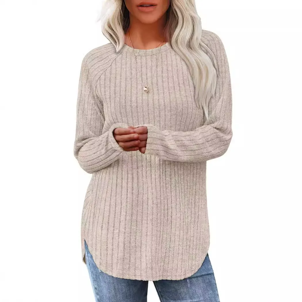 Loose Fit Crewneck High-Low Curved Hem Top