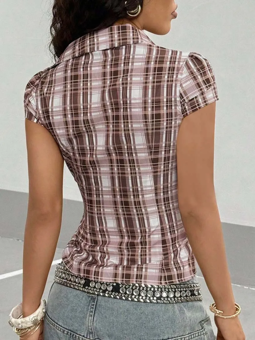 Retro Plaid Short Sleeve Cropped Shirt