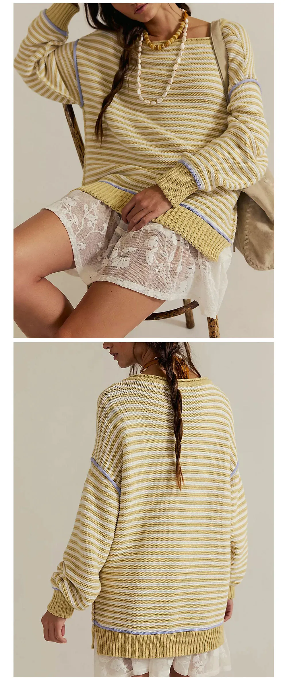 Loose Fit Striped Knit Crewneck Sweater