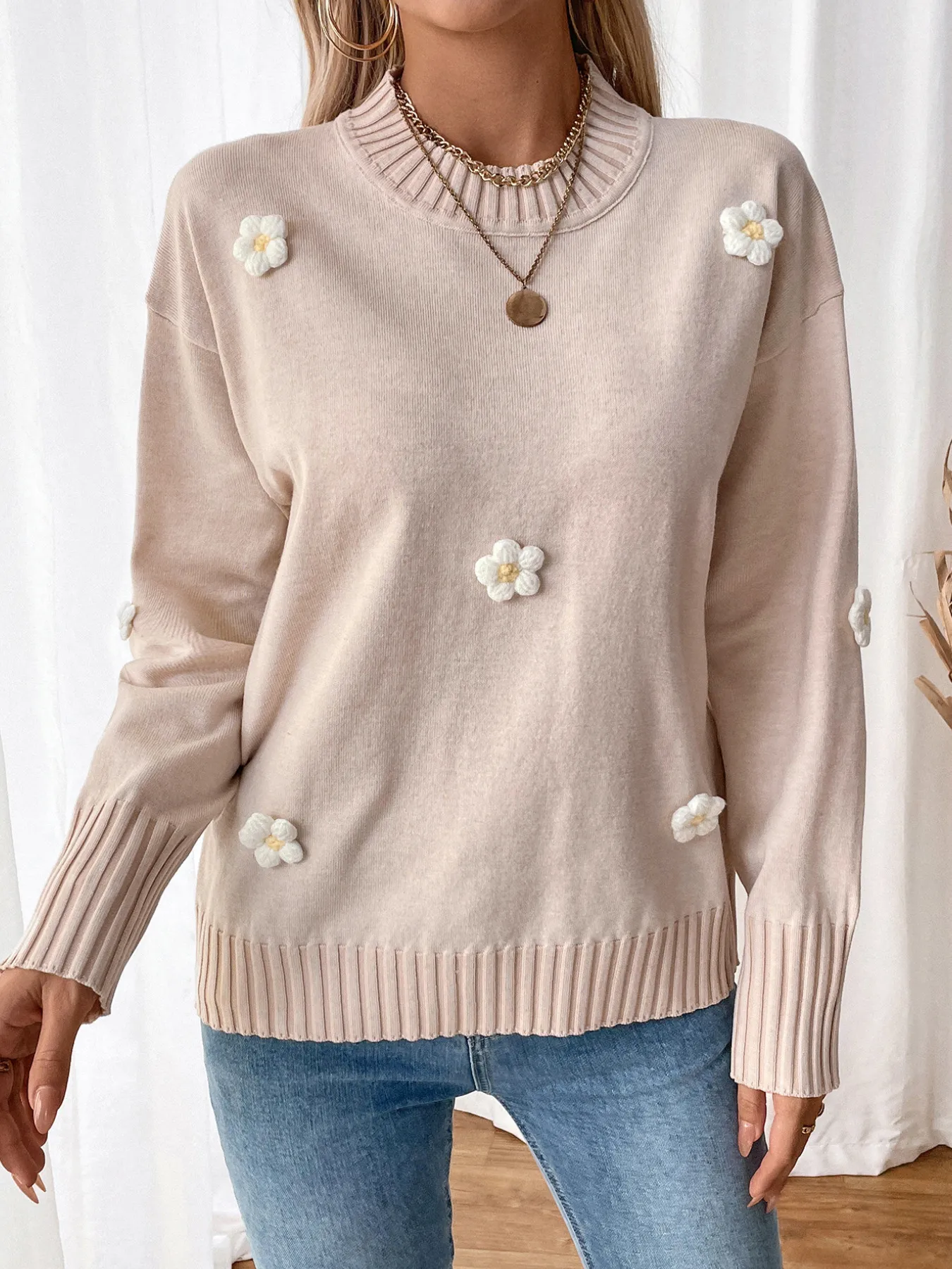Floral Knitted Pullover Crewneck Sweater